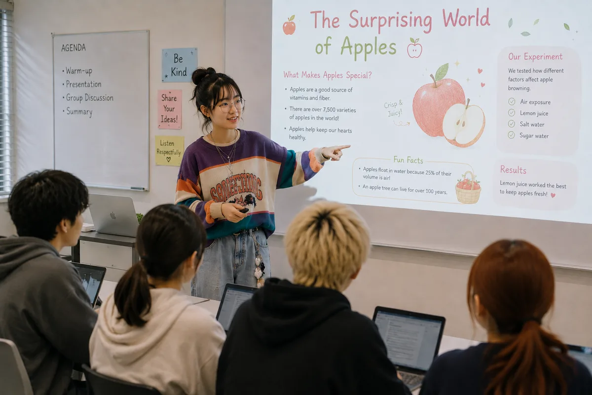 スクリーンの資料を指しながら、英語でプレゼンテーションする生徒（イメージ）