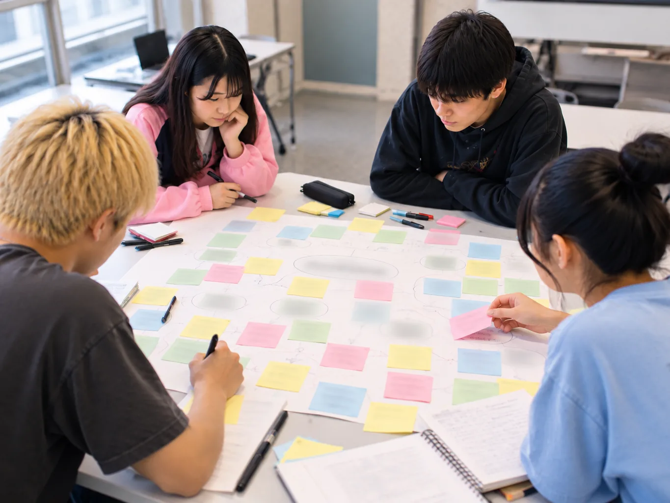 色とりどりの付箋を並べて、考えを整理する生徒たち（イメージ）