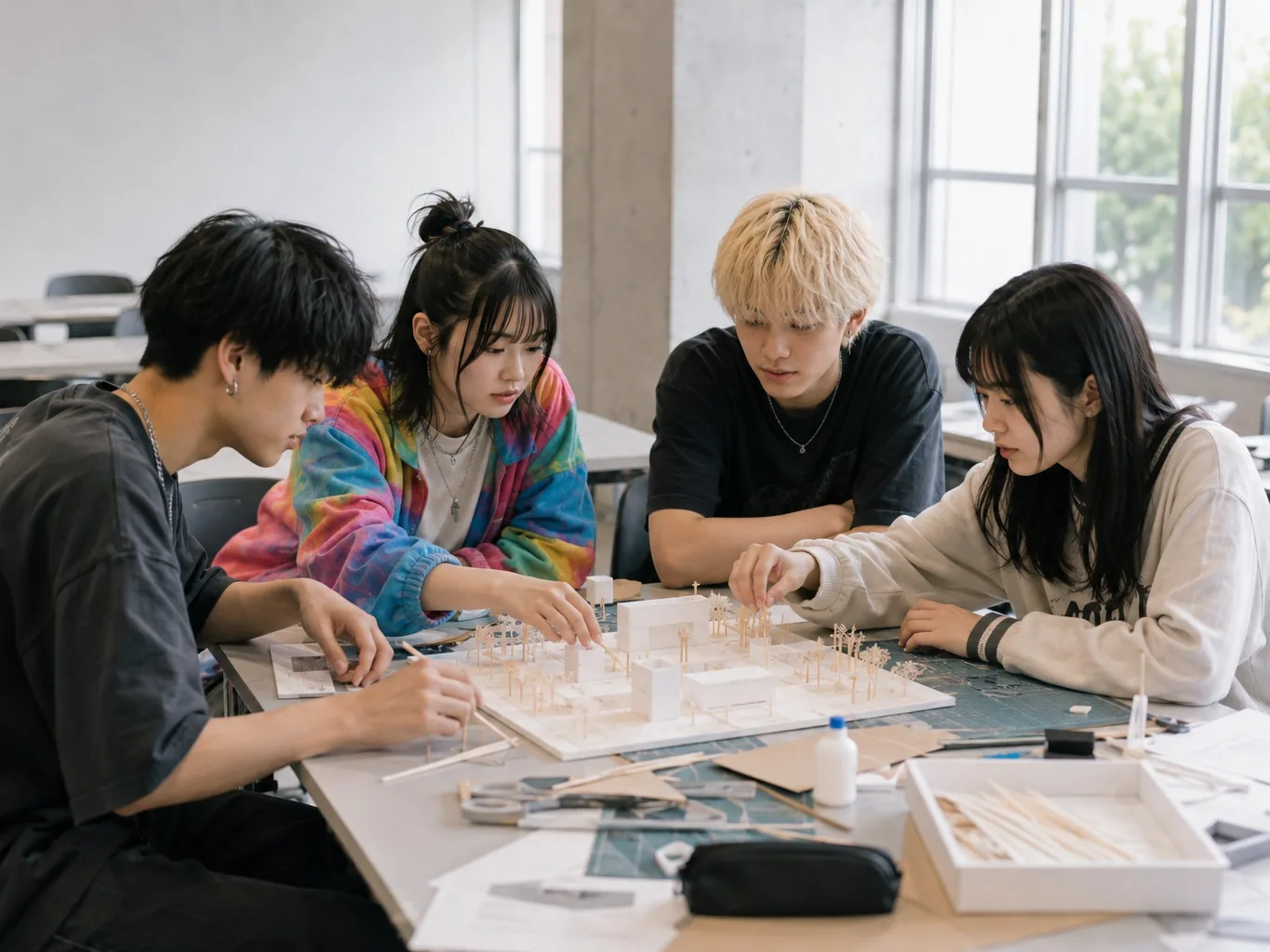 テーブルを囲み、模型をつくりながら話し合う生徒たち（イメージ）
